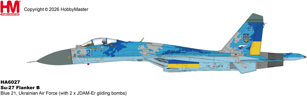 Su-27 Flanker B Blue 21 Ukrainian AF (w/2 x JDAM-Er Gliding Bombs) 1:72 Hobby Master Aviation Model