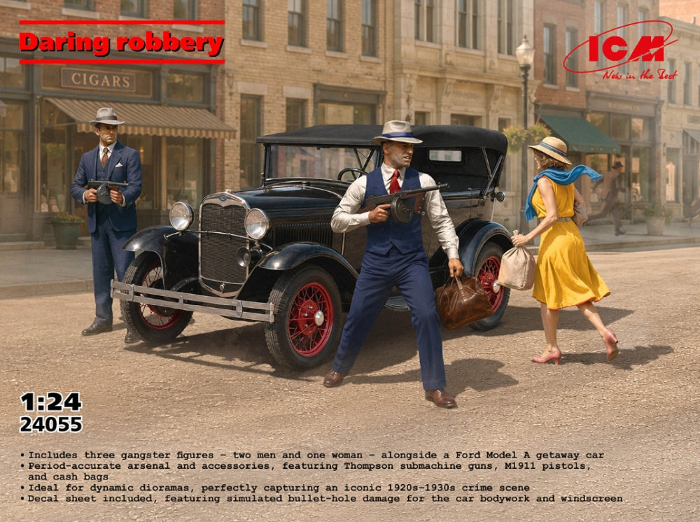 Ford Model A 'Daring Robbery' w/3 Gangst Figures 1:24 ICM Plastic Kits Model