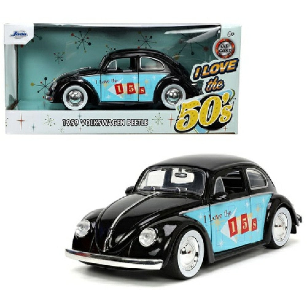 THIS ITEM IS AVAILABLE TO ORDER - 1:24 JADA JAD31382 1959 VW BEETLE BLACK/LIGHT BLUE I LOVE THE 50S