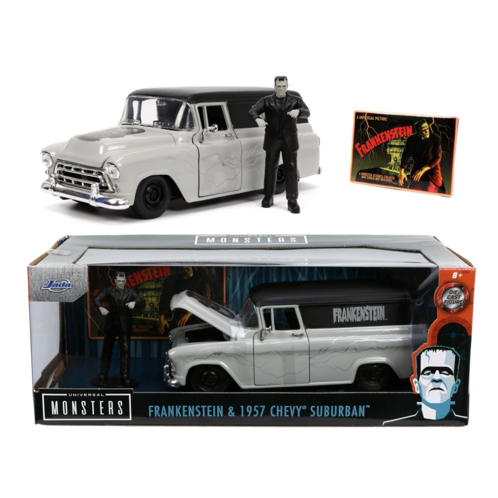 THIS ITEM IS AVAILABLE TO ORDER - 1:24 JADA JAD32191 1957 CHEVY SUBURBAN WITH FRANKENSTEIN FIGURE