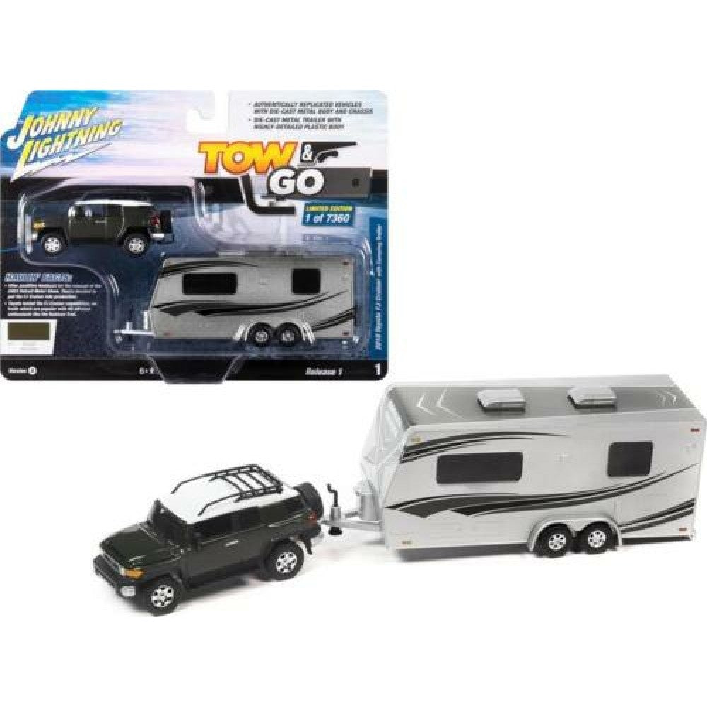 THIS ITEM IS AVAILABLE TO ORDER FROM OUR SUPPLIER - 1:64 JOHNNY LIGHTNING JLBT017B-1 2010 TOYOTA FJ CRUISER W/CAMPING TRAILER DARK GREEN