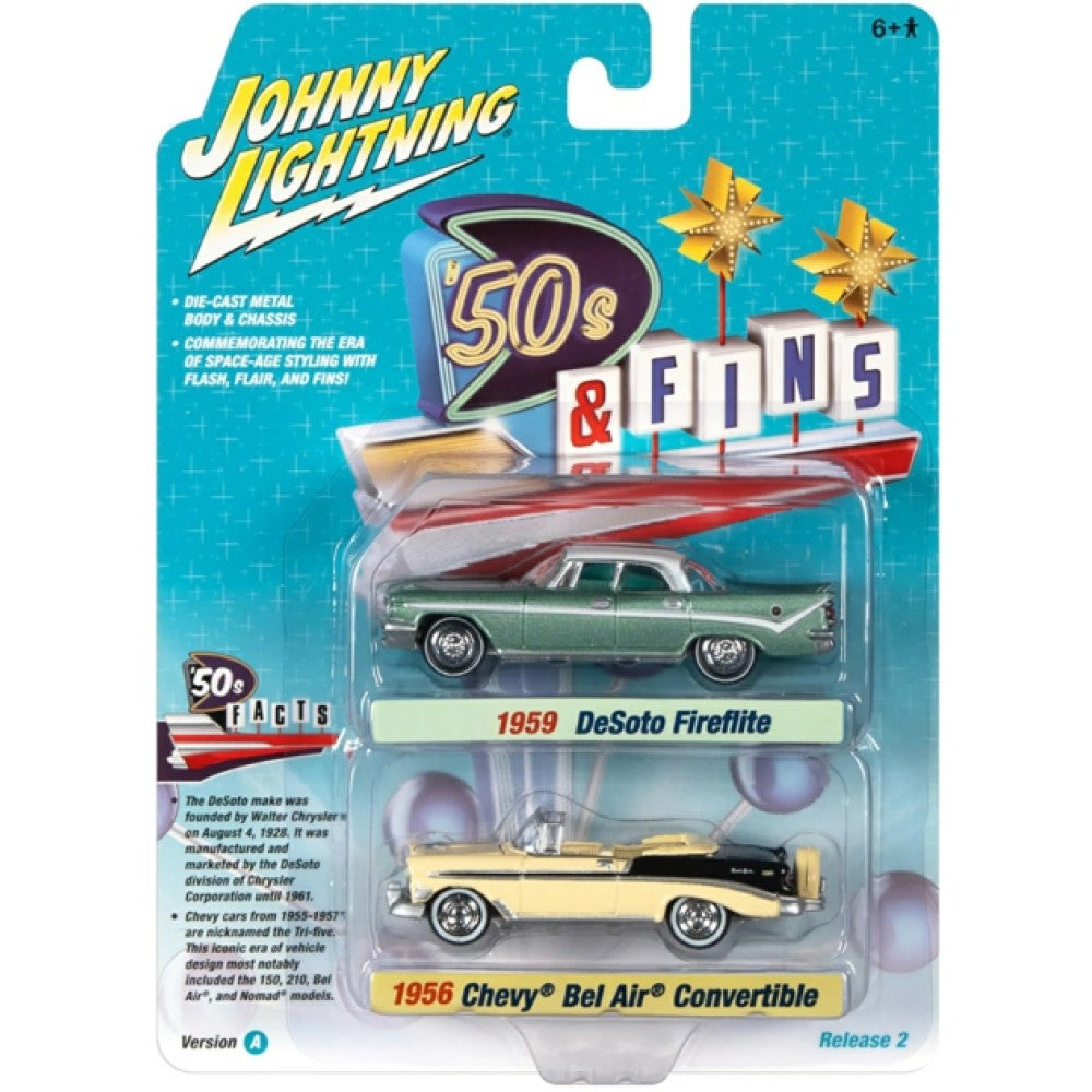 Available to Order – Ning 2-pack Special 2022 Release 2 a 1959 Desoto Fireflite Surf Green and 1956 Chevrolet Bel Air Conv Crocus Yellow/black 1:64 Johnny Light Model (JLPK018A-2)