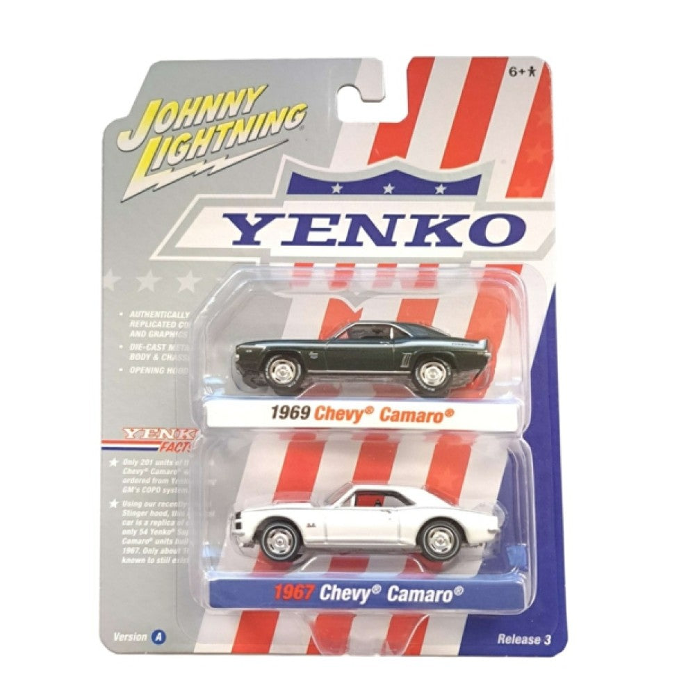 Available to Order – 2-pack Special 2022 Release 3 a Yenko 1969 Chevrolet Camaro Fathom Green Poly W/white Yenko Hood and 1967 Chevrolet Camaro Gloss White W/black Nose Stripe 1:64 Model (jlpk019a-2) 1:64 Johnny Lightning Model (JLPK019A-2)