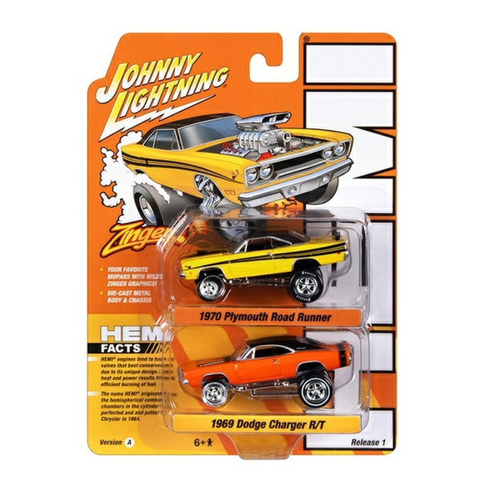 Available to Order – 1970 Plymouth Road Runner Yellow with Gator Roof and Black Side Stripes and 1969 Dodge Charger R/T Metallic Orange with Flat Black Roof 1:64 Johnny Light Model (JLPK020A-1)