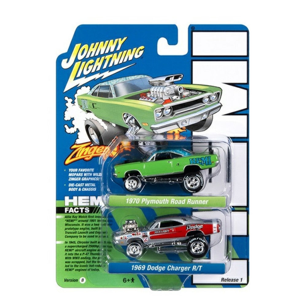 Available To Order – 1970 Plymouth Road Runner Bright Green with Flower Mod Top and Black Hood Stripe and 1969 Dodge Charger R/t Silver with Red and Blue 1:64 Johnny Lightning Model (JLPK020B-1)