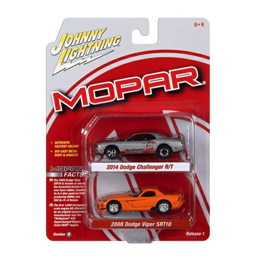 Available to Order – 2008 Dodge Viper Srt 10 Very Viper Orange with Silver Stripes and 2014 Dodge Challenger R/T Platinum with Red Hellephant and Mopar Logo in Red + Red Stripes 1:64 Johnny Light Model (JLPK020B-2)