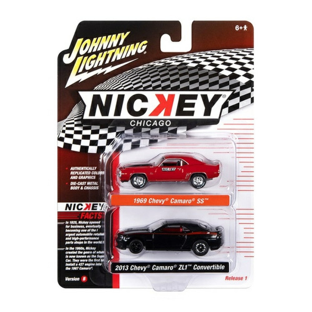 Available to Order – 1969 Chevrolet Camaro Ss Red and Black Stipes and Nickey Logo and 2013 Chevrolet Camaro Zl1 Convertible Gloss Black with Flat Black Convertible Top and Red Nickey Stripes 1:64 Johnny Lightning Model (JLPK020B-3)