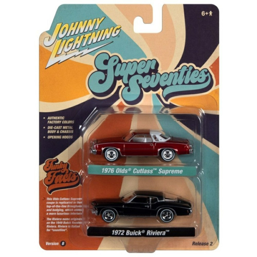 Available to Order – 1976 Oldsmobile Cutlass Red Poly and 1972 Buick Riviera Black 1:64 Model (jlpk022b-1) 1:64 Johnny Lightning Model (JLPK022B-1)