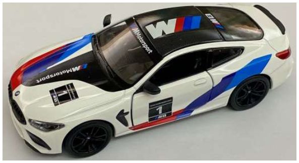 Available To Order – BMW M8 Competition Coupe White with M Decoration 2023 (Window Box) 1:36 Kinsmart Model (KIN 5425WFW)