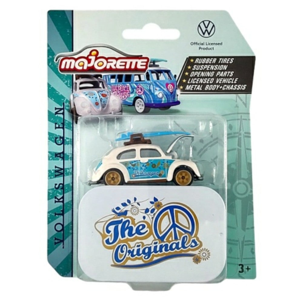 THIS ITEM IS AVAILABLE TO ORDER FROM OUR SUPPLIER - 1:64 MAJORETTE MAJ212055005B VW BEETLE WITH SURFBOARD (BLUE & WHITE) WITH COLLECTORS TIN