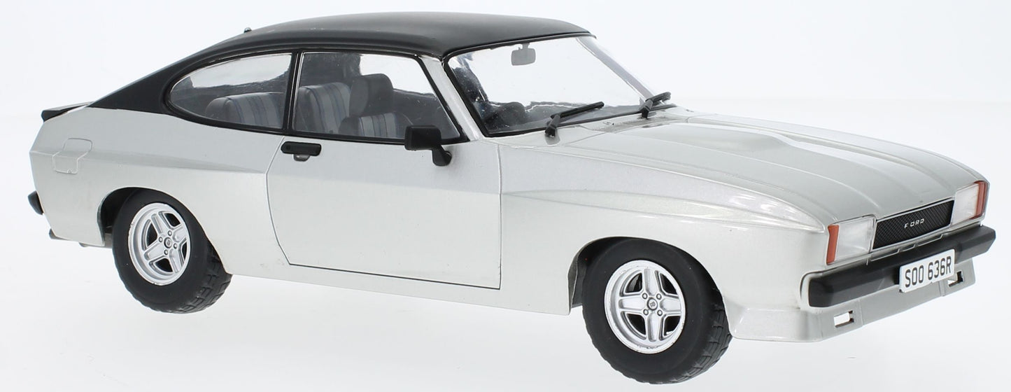 Available to Order – Ford Capri MK II X-Pack Silver/Matte Black RHD UK Reg SOO 636R Famous 70/80's TV Car 1:18 (MCG 18349)