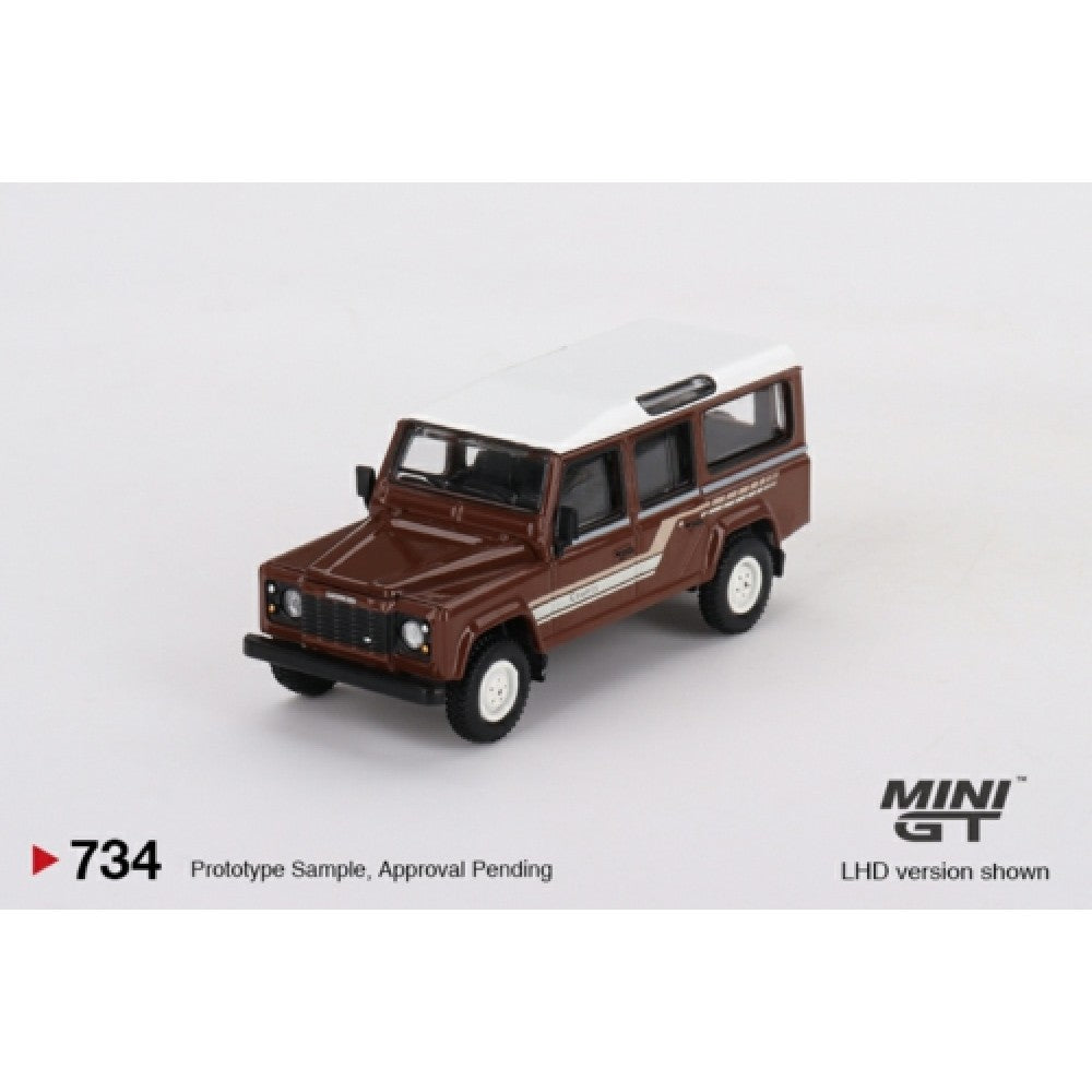Available to Order from Supplier – 1:64 MINI GT Land Rover Defender 110 1985 County Station Wagon Russet Brown (LHD) MGT00734-L