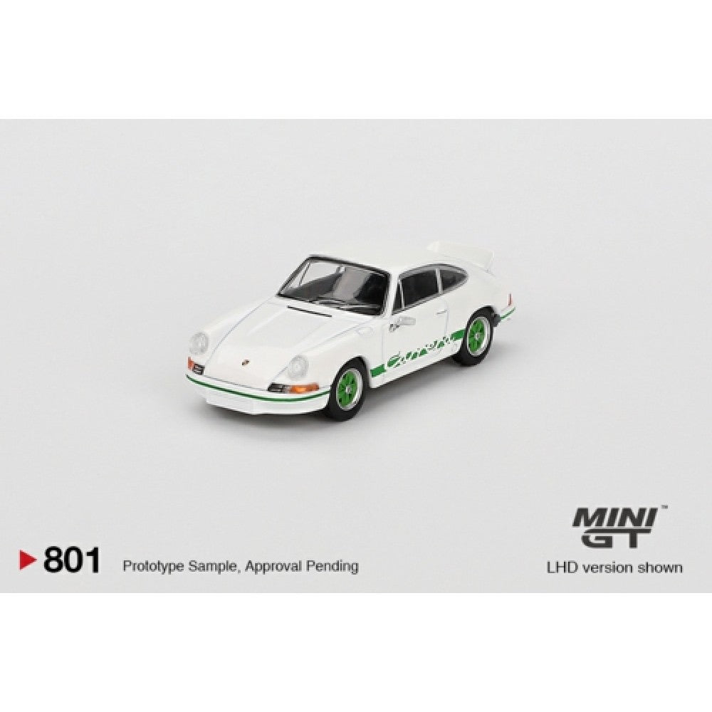 Available to Order from Supplier – 1:64 MINI GT Porsche 911 Carrera Rs 2.7 Grand Prix White With Green Livery (LHD) MGT00801-L