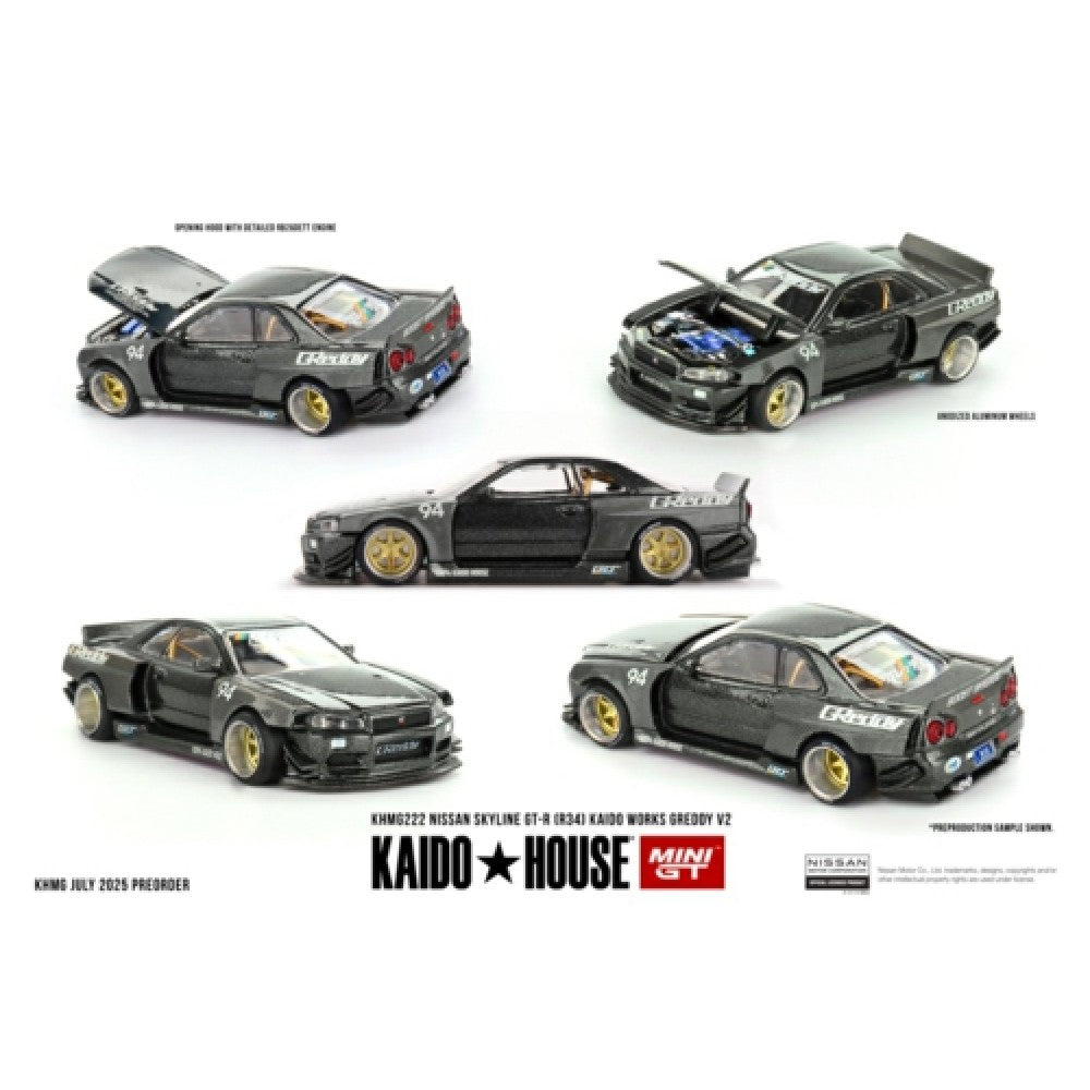 PRE ORDER STOCKS DUE DECEMBER 2025 / JANUARY 2026 1:64 MINI GT MGTKHMG222 NISSAN SKYLINE GT-R (R34) KAIDO WORKS GREDDY V2