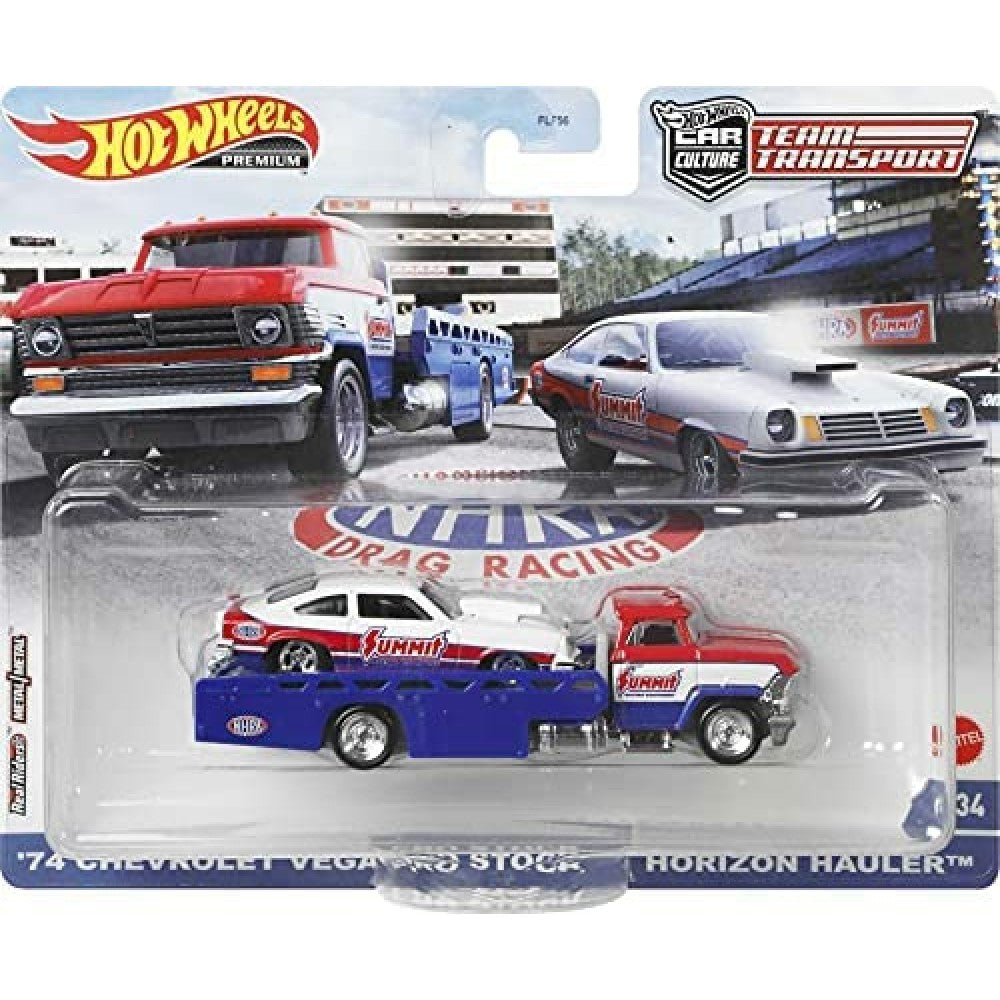 Available to Order – 1:64 Hotwheels Team Transport '74 Chevrolet Vega Pro Stock And Horizon Hauler #34 (MHWFLF56-GRK63)