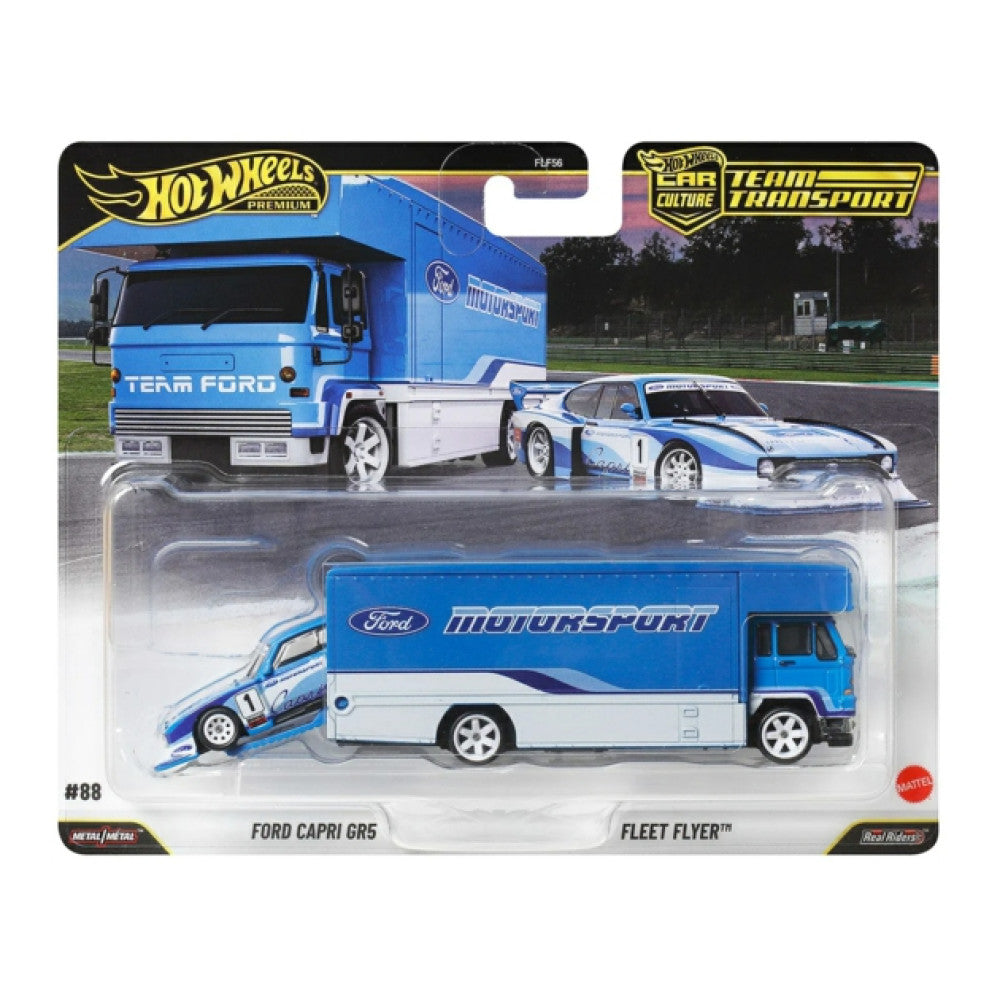 MHWFLF56-JHX89 Hot Wheels Team Transport Ford Capri GR5 Fleet Flyer #88 – diecast model