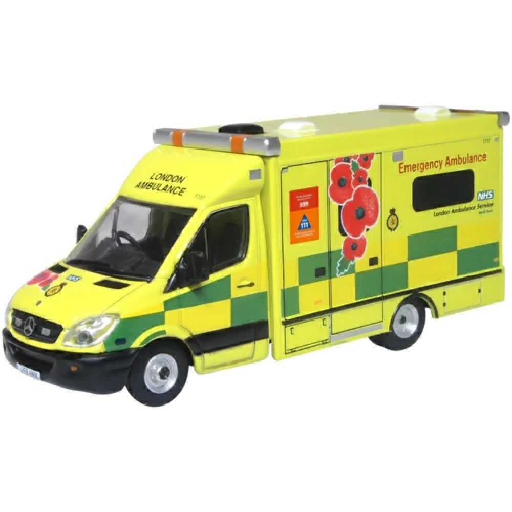 Available to Order – Mercedes Ambulance London Ambulance Service (remembrance Day) 1:76 Oxford Diecast Model (OX76MA007)