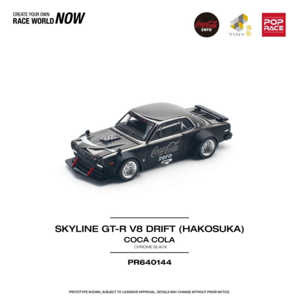 PRE ORDER STOCKS DUE FEBRUARY / MARCH 2025 1:64 POP RACE PR640144 NISSAN SKYLINE GT-R V8 DRIFT (HAKOSUKA) COCA COLA CHROME BLACK