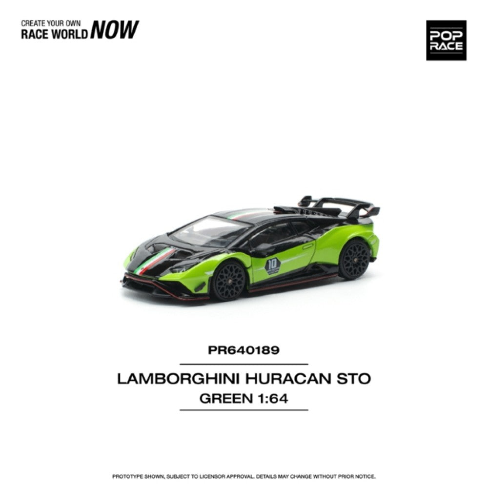 PRE ORDER STOCKS DUE APRIL / MAY 2025 1:64 POP RACE PR640189 LAMBORGHINI HURACAN STO (LP640-2) 10 ANNIVERSARIO GREEN/BLACK