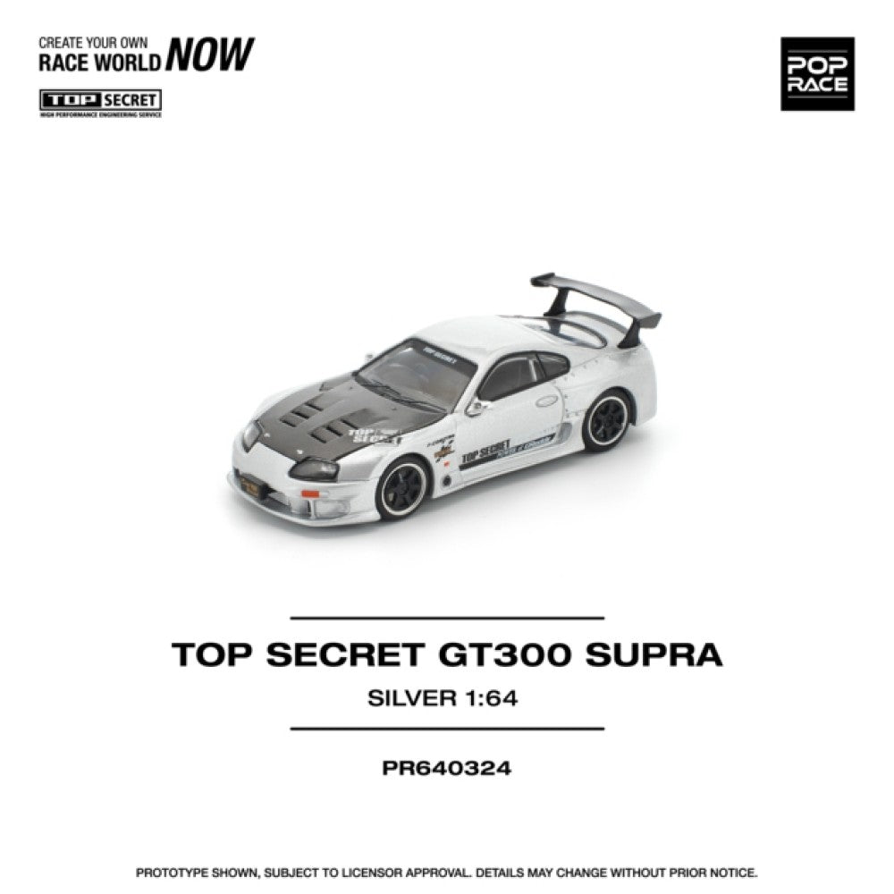 PRE ORDER STOCKS DUE DECEMBER 2025 / JANUARY 2026 1/64 POP RACE PR640324 TOP SECRET TOYOTA GT300 SUPRA SILVER