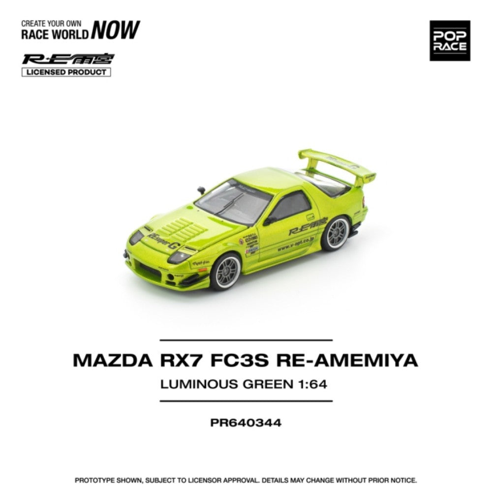PRE ORDER STOCKS DUE DECEMBER 2025 / JANUARY 2026 1/64 POP RACE PR640344 MAZDA RX7 FC3S RE-AMEMIYA LUMINOUS GREEN