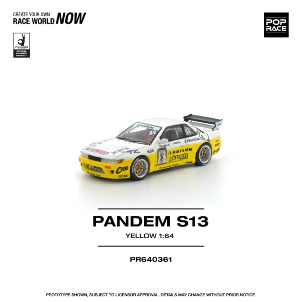PRE ORDER STOCKS DUE JANUARY / FEBRUARY 2026 1:64 POP RACE PR640361 NISSAN PANDEM SILVIA S13 2020 D1 LIGHTS YELLOW/WHITE