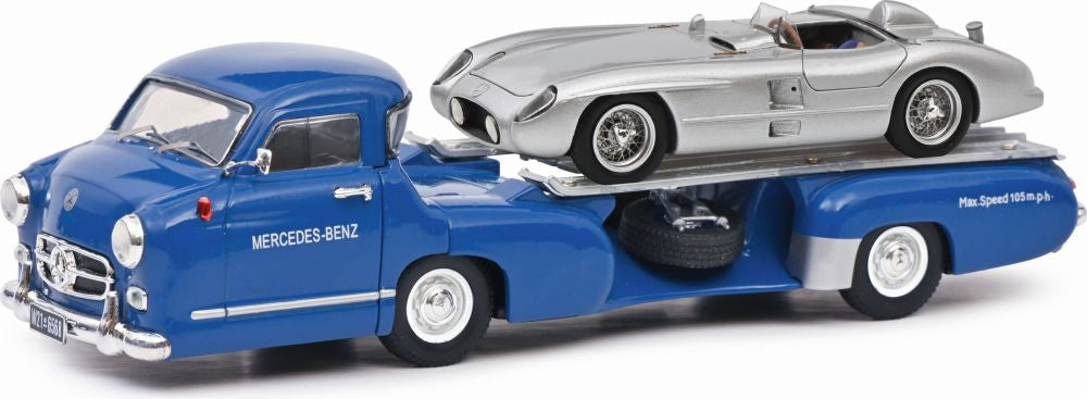 Available to Order – Mercedes Benz Race Transporter Blue Wonder with MB 300 SLR w/Figurine 1:43 (SHU 03768)