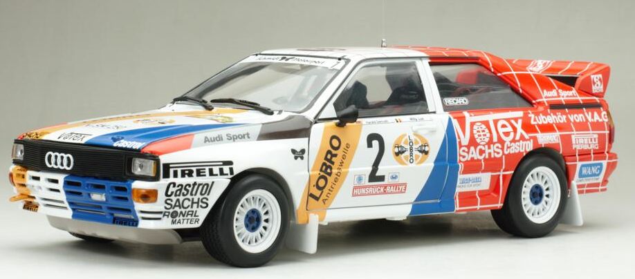 Available To Order – Audi Quattro A1 #2 Harald Demuth/Willy Lux Winner Int. AvD/STH Hunsruck Rallye 1984 1:18 (SUN H4252)