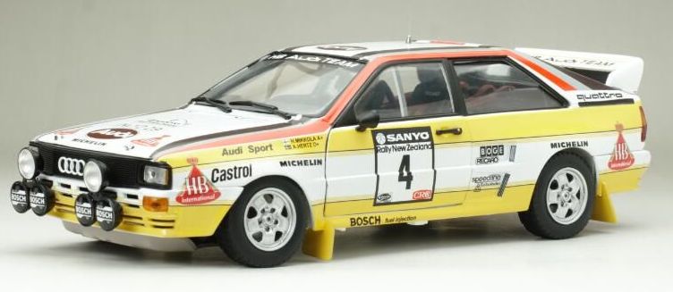 Available To Order – Audi Quattro A2 #4 Hannu Mikkola/Arne Hertz 3rd Sanyo Rally New Zealand 1984 1:18 (SUN H4253)