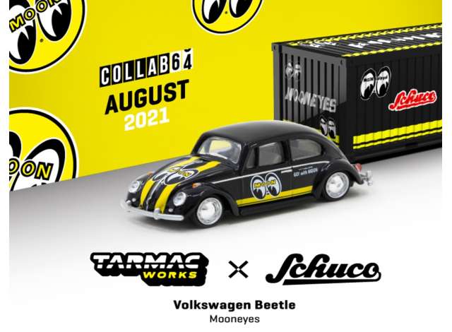 1:64 TARMAC SCHUCO T64S-006-ME2 VOLKSWAGEN BEETLE MOONEYES WITH CONTAINER BLACK AND YELLOW