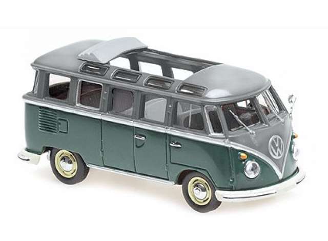 Available To Order – 1961 Volkswagen T1 Samba Bus, Grey/Green 1:43 Maxichamps Model (MC940052300)