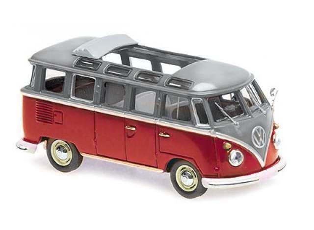Available To Order – 1961 Volkswagen T1 Samba Bus, Grey/Red 1:43 Maxichamps Model (MC940052301)