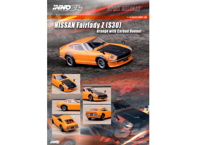 1:64 INNO64 IN64-240Z-ORG NISSAN FAIRLADY Z S30, ORANGE WITH CARBON HOOD