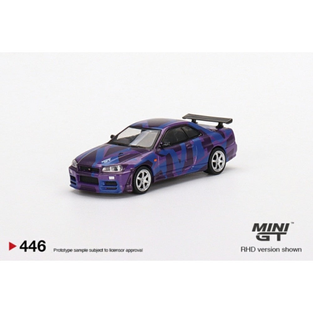 1:64 MINI GT MGT00446-R NISSAN SKYLINE GT-R (R34) V-SPEC II MINI GT DIGITAL CAMOUFLAGE PURPLE RHD MINI GT 5 YEARS ANNIVERSARY MODEL LTD 9999 PCS