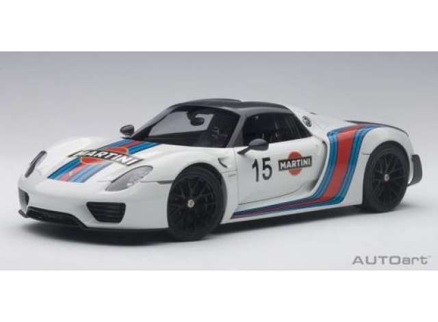 2013 Porsche 918 Spyder Weissach Package, white/martini livery 1:18 AutoArt Model