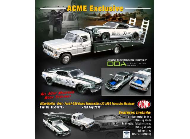 1969 Allan Moffat *Brut* Trans Am Mustang #33 on a Ford F-350 Ramp Truck. 1:64 Acme Diecast Model