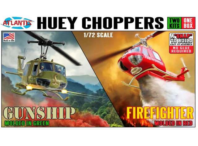 Set of 2 Kits. 1x UH-1B Fire Fighter Rescue Helicopter molded in red & 1x Huey Gunship US Army Molded in green, plastic modelkit 1:72