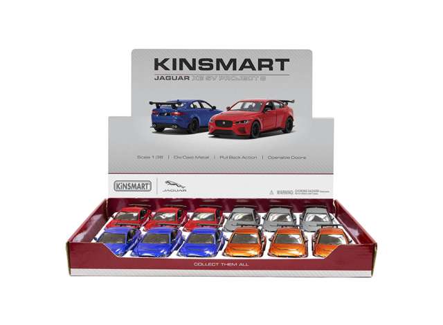 Pre-Order – 2018 Jaguar XE SV Project 8, Assortment tray of 12 with 4 colours in the tray, orange, blue, red & grey 1:38 Kinsmart Model (KT5416D~12) – ETA. December 2026