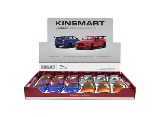 Pre-Order – 2018 Jaguar XE SV Project 8, Assortment tray of 12 with 4 colours in the tray, orange, blue, red & grey 1:38 Kinsmart Model (KT5416D~12) – ETA. December 2026