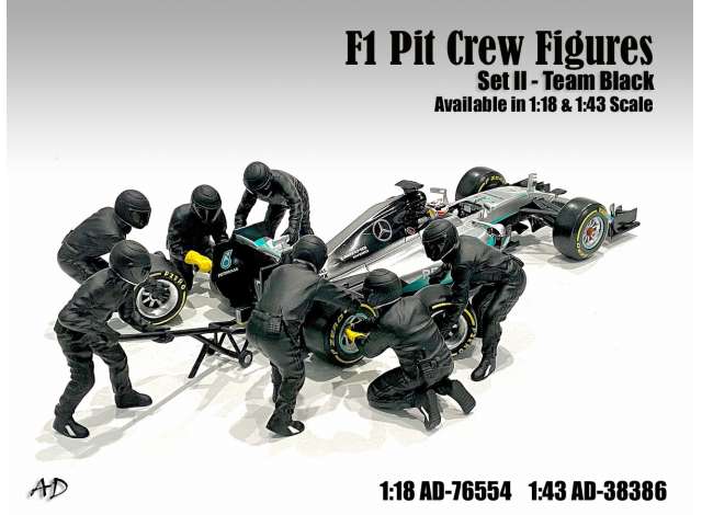 F1 Pit Crew Figures set #2, Team Black 7 figures. 1:18 American Diorama Model