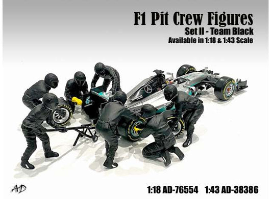F1 Pit Crew Figures set #2, Team Black 7 figures. 1:18 American Diorama Model