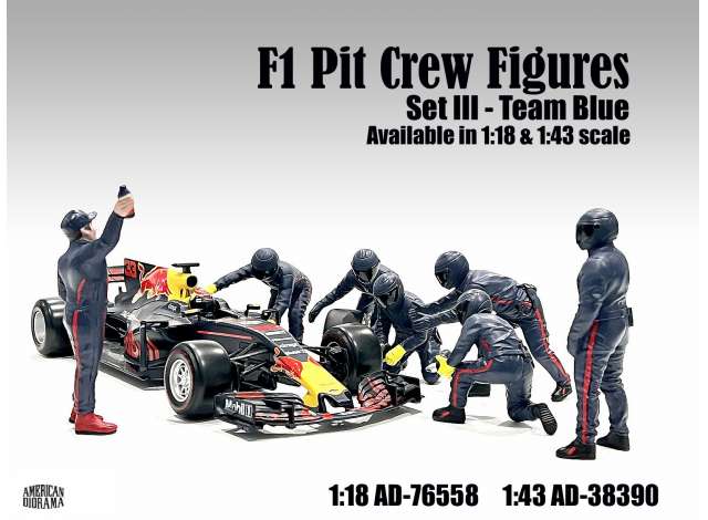 F1 Pit Crew Figures set #3, Team Blue-Purple 7 figures. 1:18 American Diorama Model