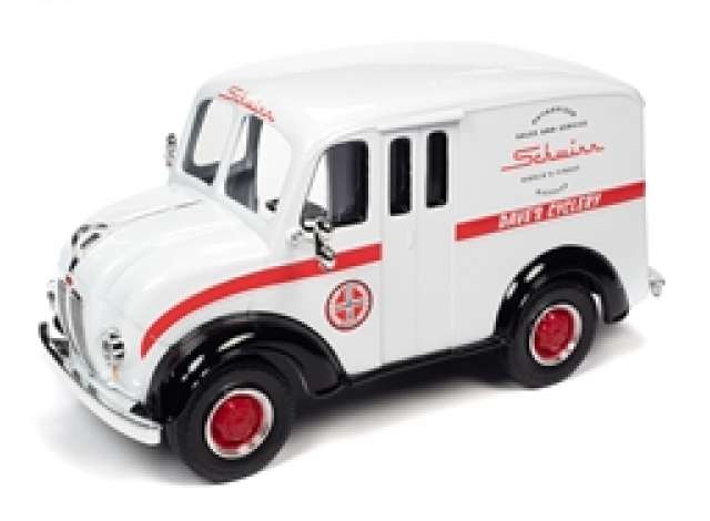 1950 Divco Delivery Schwinn Show Truck, gloss white with gloss black fenders & red stripe. Schwinn graphics on truck 1:24 Auto World Model