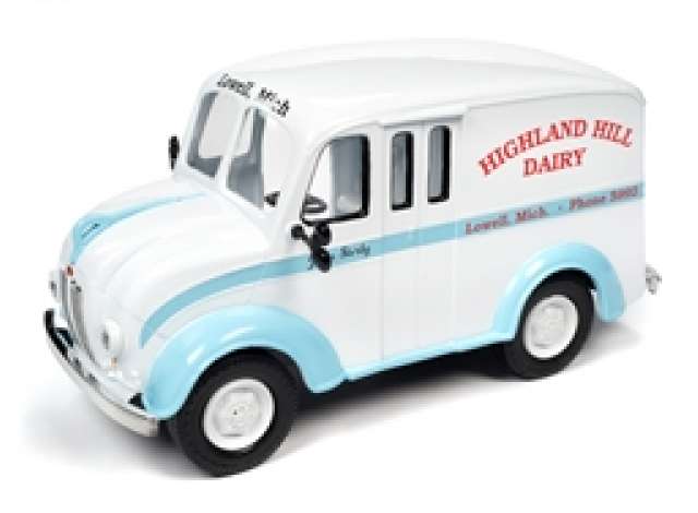 1950 Divco Delivery Highland Hills Dairy, gloss white with light blue fenders & blue stripe. Highland Hill Dairy graphics 1:24 Auto World – diecast model