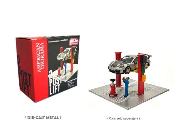 2 Post Lift with Oil Drainer & Mechanic figure, red 1:64 American Diorama Model