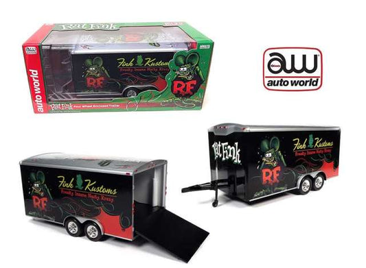 Pre-Order – Enclosed Trailer *Rat Fink*, black/red/green 1:18 Auto World Model (AWCP7839) – ETA. September 2026