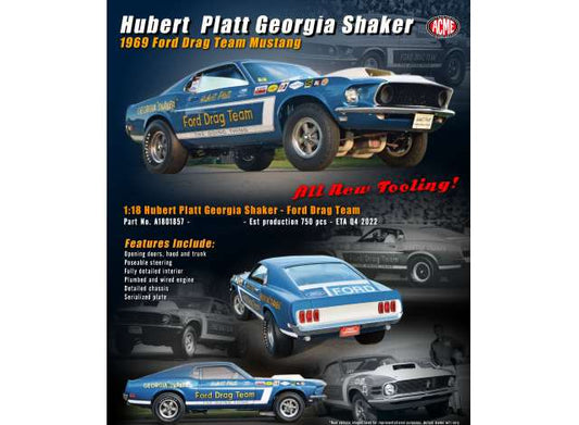 Pre-Order – 1969 Ford Drag Team Mustang *Hubert Platt Georgia Shaker*, blue/white 1:18 Acme Diecast Model (acme1801857) – ETA. September 2026