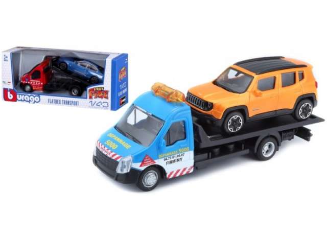 Jeep Renegade + flatbed transporter, orange/blue 1:43 Bburago Model