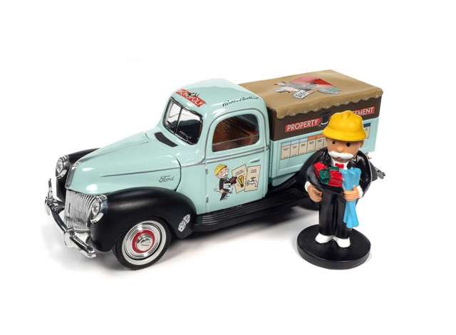 Monopoly 1940 Ford Property Management Truck with Resin Figure, Light Green & Flat Black with Monopoly Graphics 1:18 Auto World Model