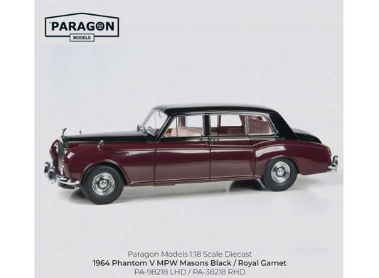 Pre-Order – 1964 Rolls Royce Phantom V, masons black over Garnet 1:18 Paragon Model (para98218lhd) – ETA. July/August 2026